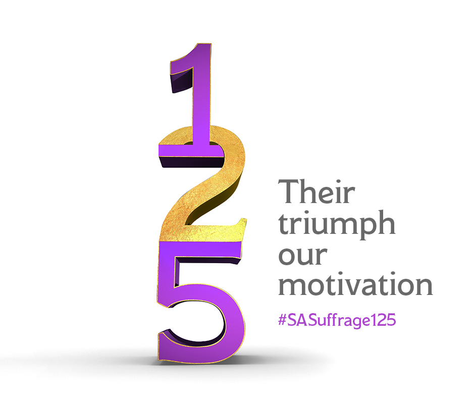 The official logo of the SA suffrage 125 campaign with the slogan 'their triumph our motivation' #SASuffrage125
